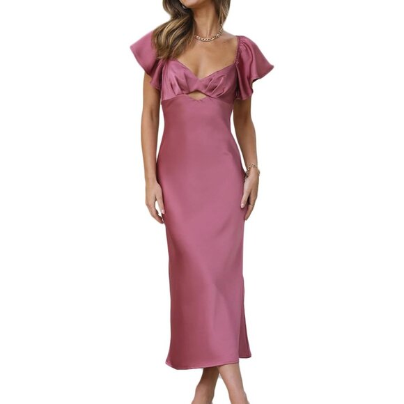 Summer Satin Flutter Sleeve Midi Dress for Women Guest Elegant Tie Back